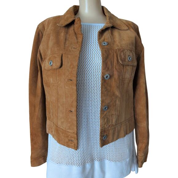 Vintage Distressed Suede Leather Trucker Jacket Women Medium Y2K Grunge Cropped - Picture 1 of 9